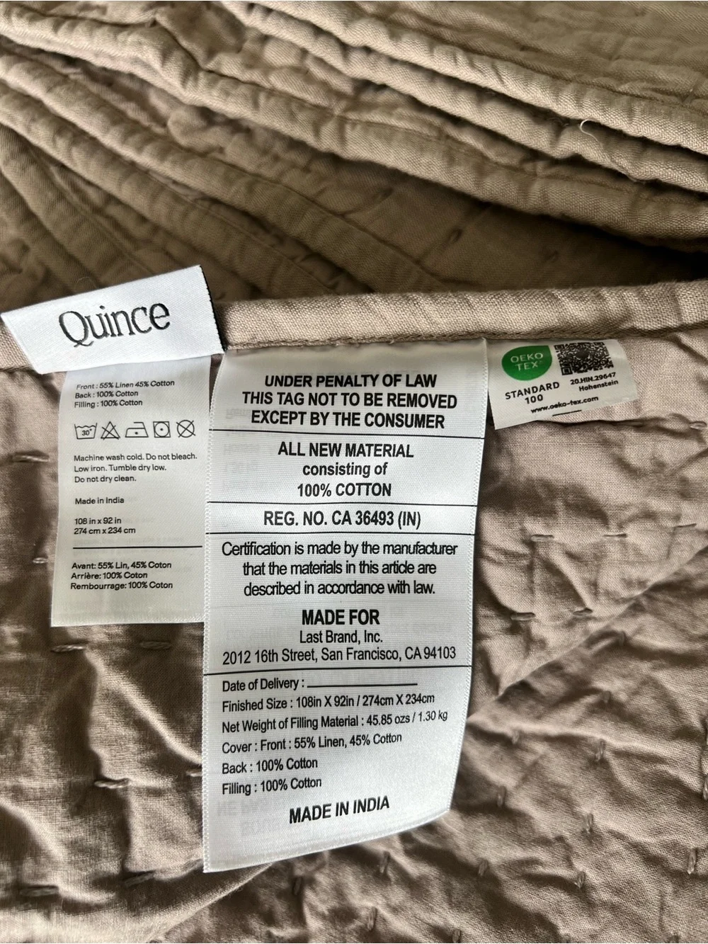Quince - New European Linen Cotton Stitch Quilt with Shams- King/CalKing Stone